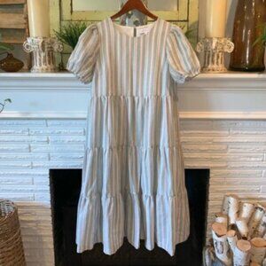 Lost + Wander Nordstrom Linen Striped Green Pink Tiered Midi Dress S Puff Sleeve